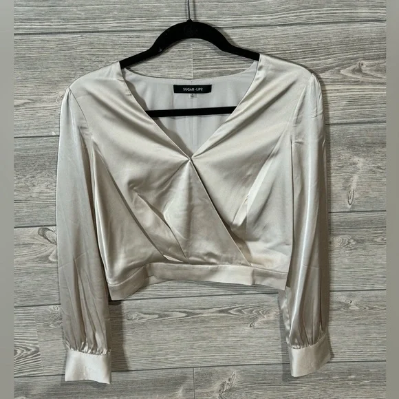 Long Sleeve Surplice Crop Top, Blouse, Size Small, Champagne, V-neck, Satin - Picture 5 of 9